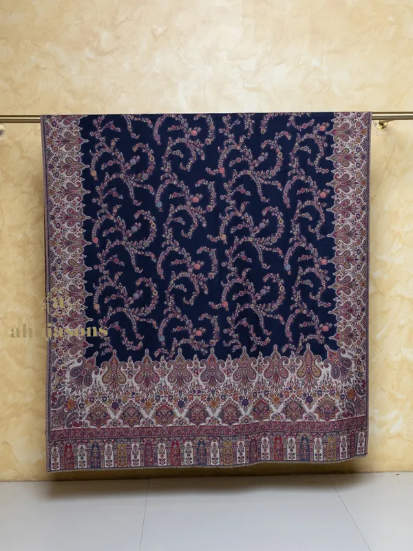 Navy Blue Woollen Shawl with Kani Traditional