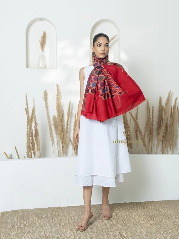 Red Woollen Shawl with Kani Detailing Weave