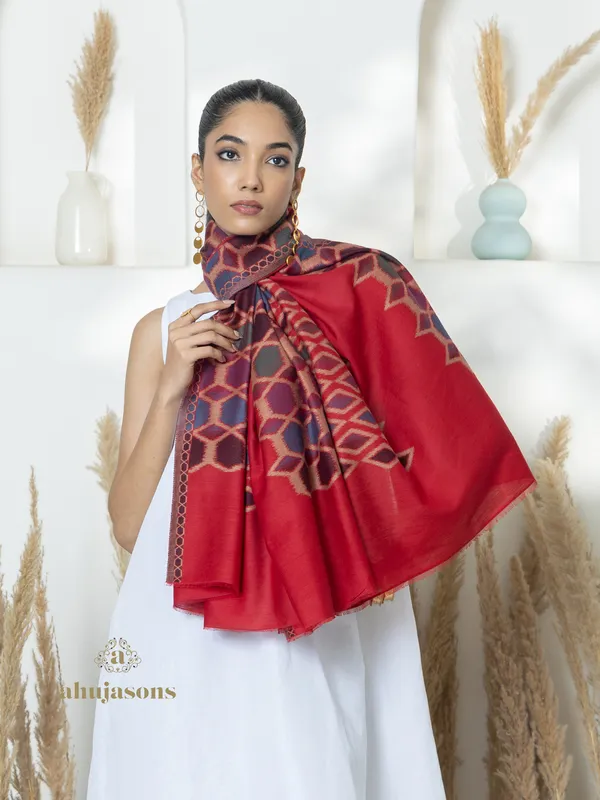 Red Woollen Shawl with Kani Detailing Weave