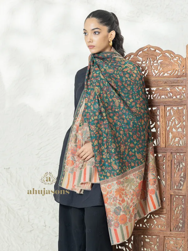 Green Woollen Shawl with Kani Palla Weave