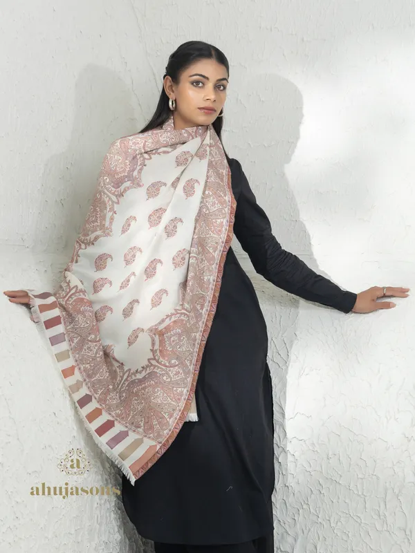 White-Woollen Kani Weave Stole with Intricate Kani Jaal Embroidery