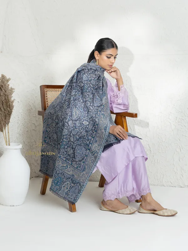 Blue-Woollen Kani Weave Stole with Kani Jaal Detailing