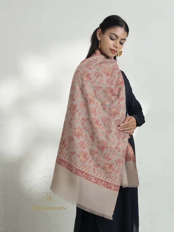 Beige-Woollen Kani Weave Stole with Kani Zari Jaal Pattern