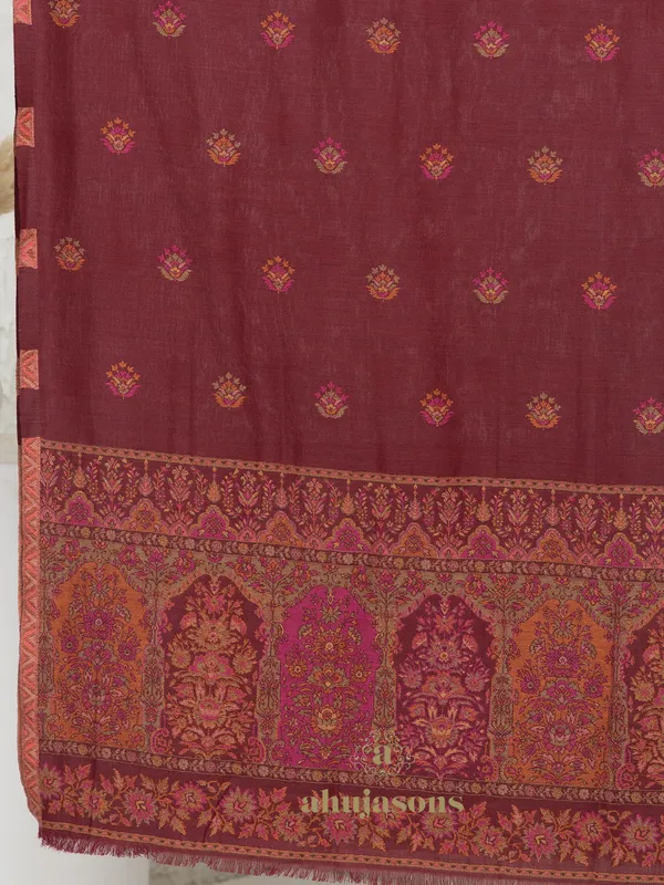 Maroon-Woollen Kani Weave Shawl with Palla Embroidery