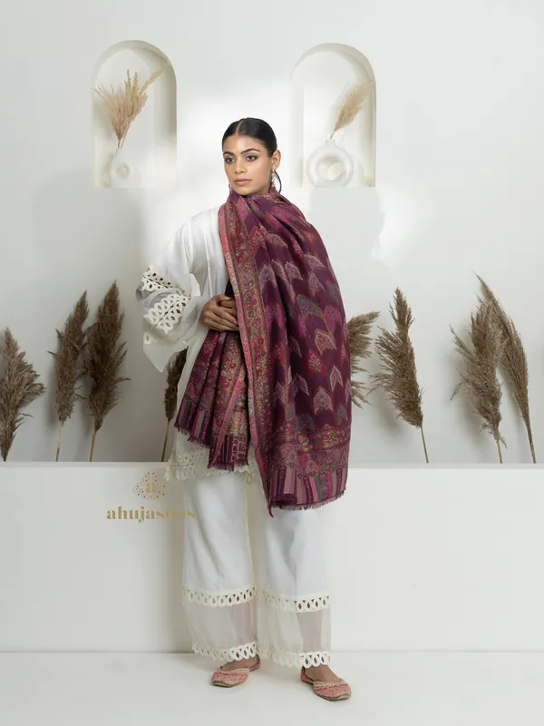 Purple-Woollen Kani Weave Shawl with Elegant Kani Jaal