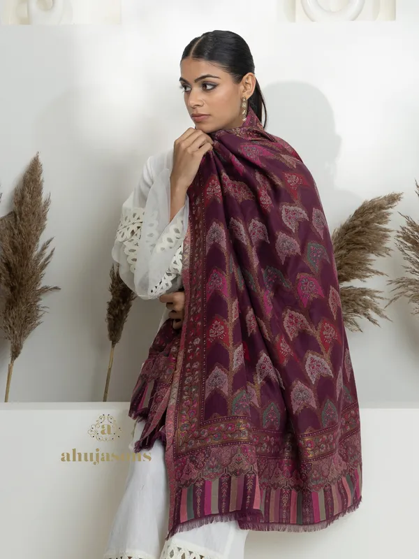 Purple-Woollen Kani Weave Shawl with Elegant Kani Jaal