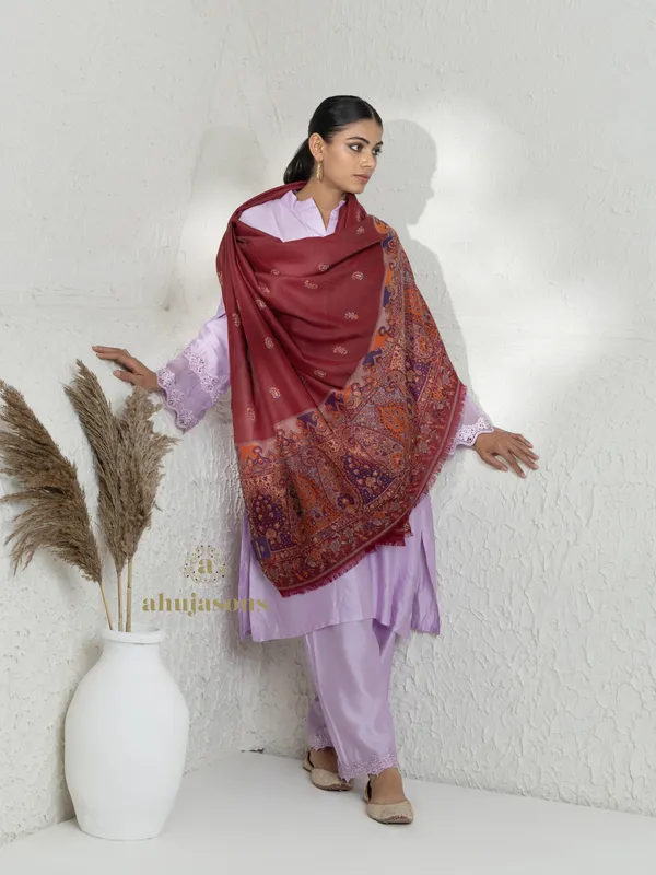 Maroon-Woollen Kani Weave Shawl with Kani Jaal