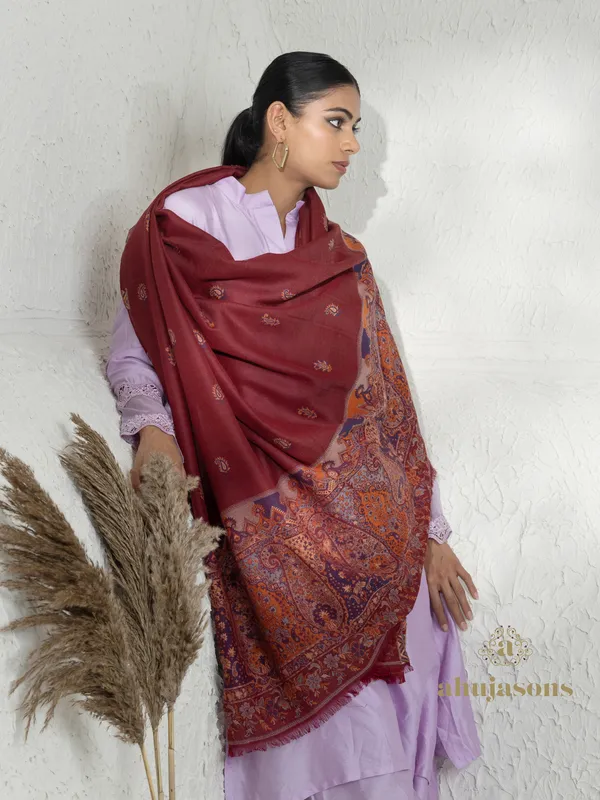 Maroon-Woollen Kani Weave Shawl with Kani Jaal
