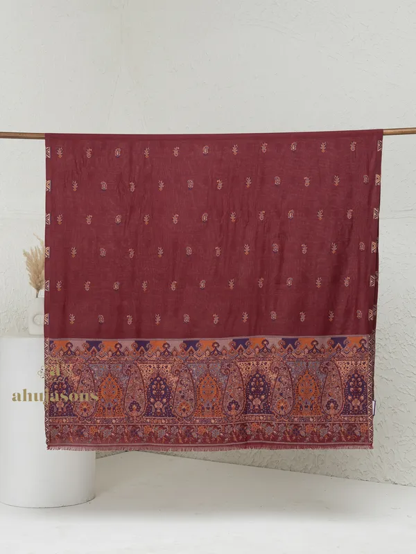 Maroon-Woollen Kani Weave Shawl with Kani Jaal