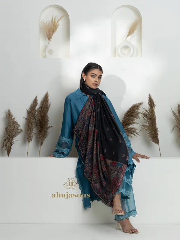 Charcoal Grey-Woollen Kani Weave Shawl with Elegant Palla Embroidery