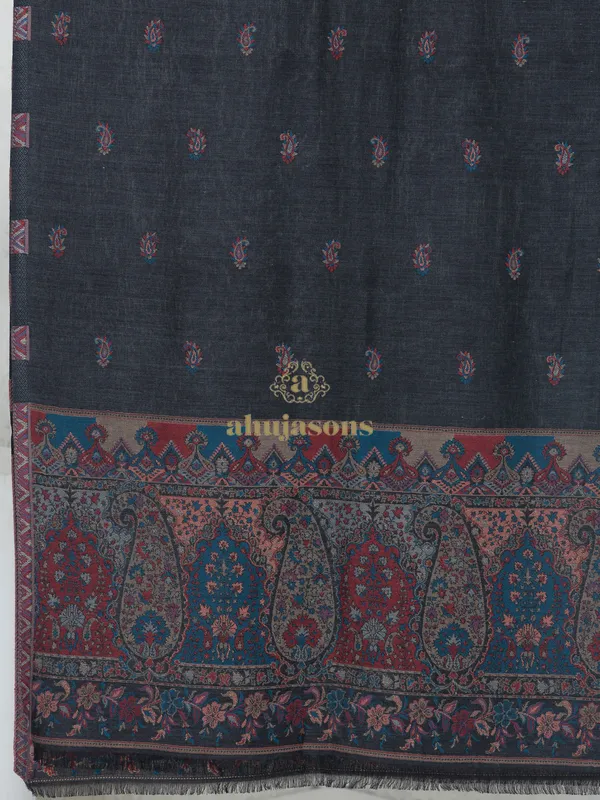 Charcoal Grey-Woollen Kani Weave Shawl with Elegant Palla Embroidery