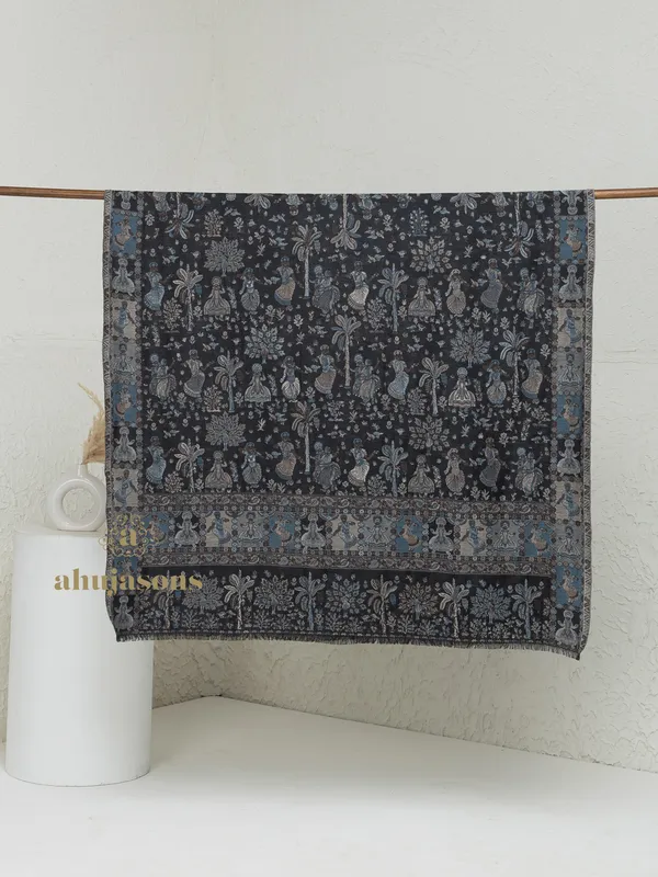 Black-Woollen Kani Weave Shawl with Refined Kani Detailing