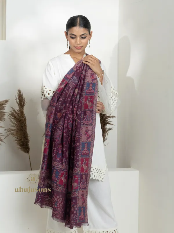 Purple-Woollen Kani Weave Shawl in Classic Kani Style