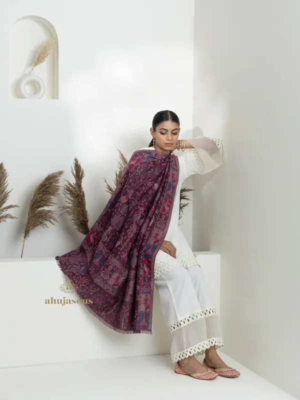 Purple-Woollen Kani Weave Shawl in Classic Kani Style