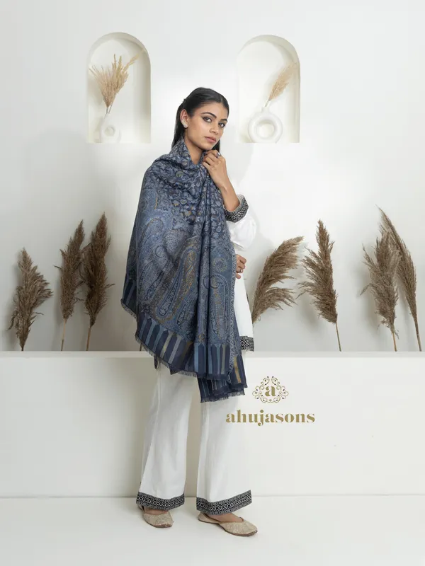 Blue-Woollen Kani Weave Shawl with Kani Jaal and Tila Accents