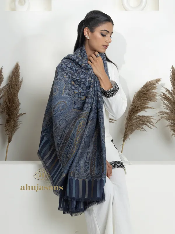 Blue-Woollen Kani Weave Shawl with Kani Jaal and Tila Accents