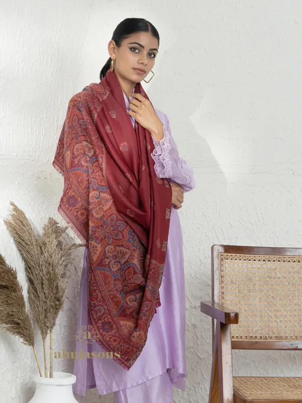 Maroon-Woollen Kani Weave Shawl with Palla and Booti Embroidery