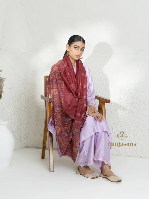 Maroon-Woollen Kani Weave Shawl with Palla and Booti Embroidery