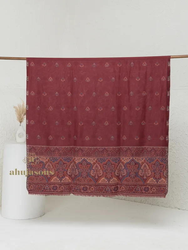 Maroon-Woollen Kani Weave Shawl with Palla and Booti Embroidery