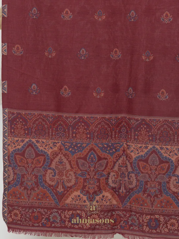 Maroon-Woollen Kani Weave Shawl with Palla and Booti Embroidery