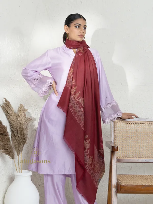 Maroon-Woollen Kani Weave Shawl in Classic Kani Design