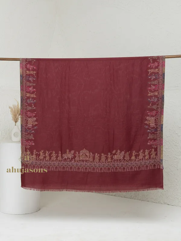 Maroon-Woollen Kani Weave Shawl in Classic Kani Design