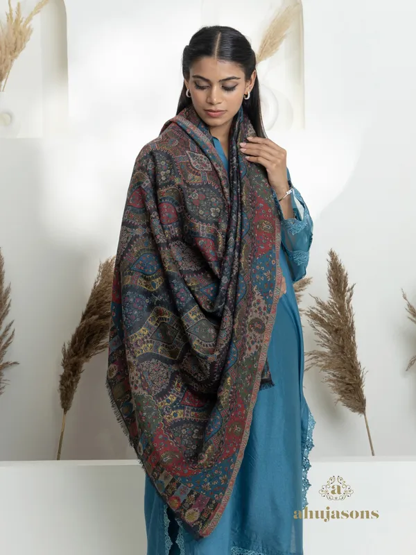 Black-Woollen Kani Weave Shawl with Classic Kani Motifs