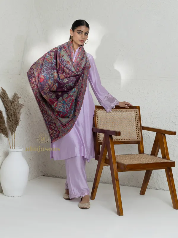 Purple-Woollen Kani Weave Shawl in Classic Kani Art