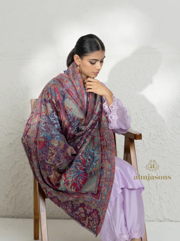 Purple-Woollen Kani Weave Shawl in Classic Kani Art