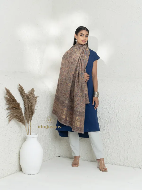 Beige-Woollen Kani Weave Shawl in Timeless Kani Design