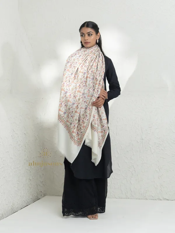 White-Woollen Aari Embroidery Shawl with Exquisite Needlework