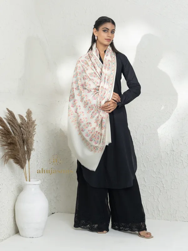 White-Woollen Aari Embroidery Shawl in Elegant Traditional Style