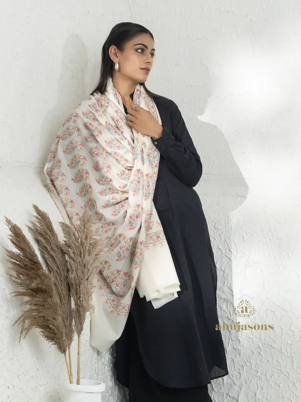 White-Woollen Aari Embroidery Shawl in Elegant Traditional Style