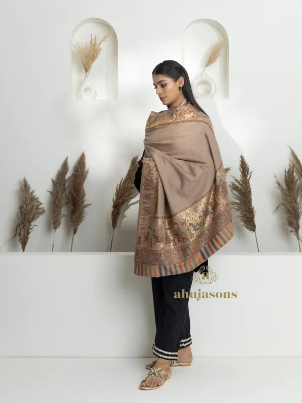 Natural-Woollen Kani Weave Shawl Enhanced with Kani Zari Details