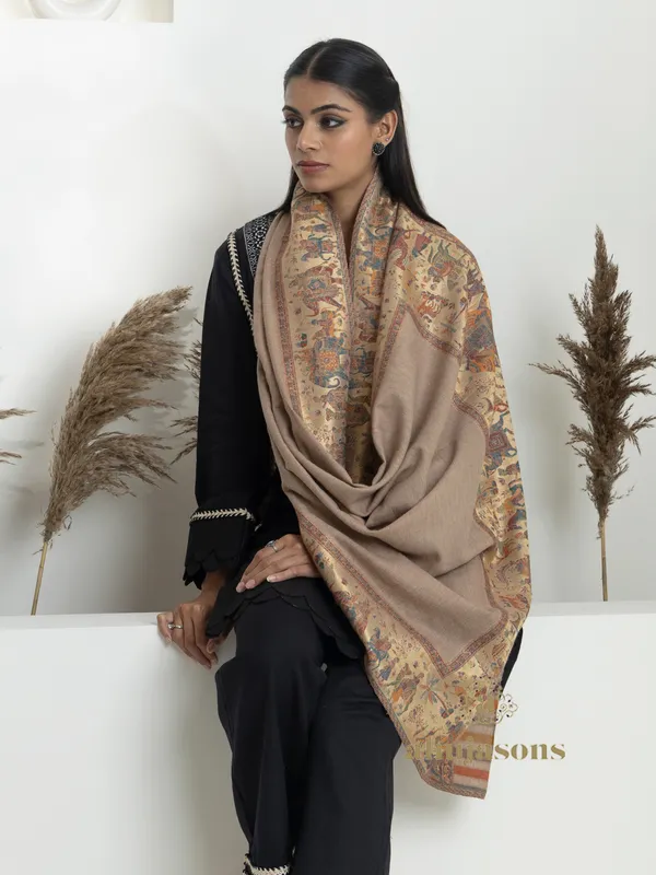 Natural-Woollen Kani Weave Shawl Enhanced with Kani Zari Details