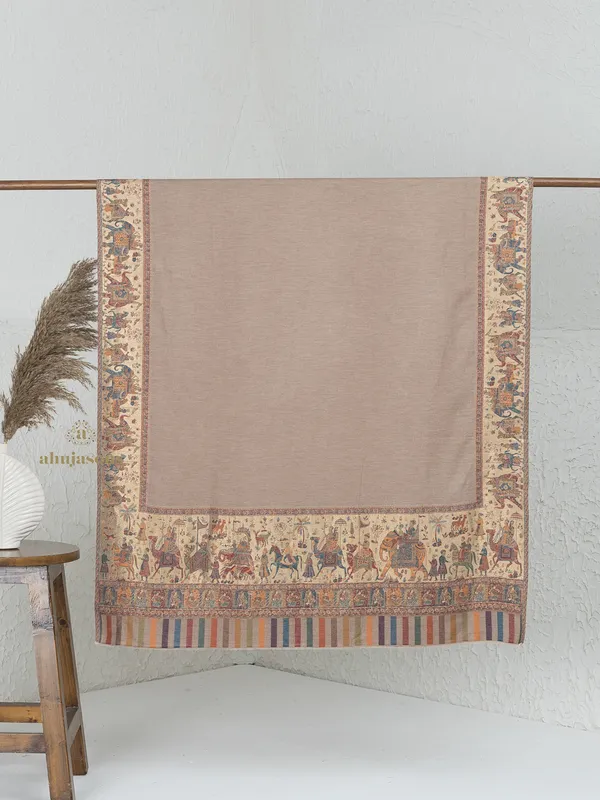 Natural-Woollen Kani Weave Shawl Enhanced with Kani Zari Details