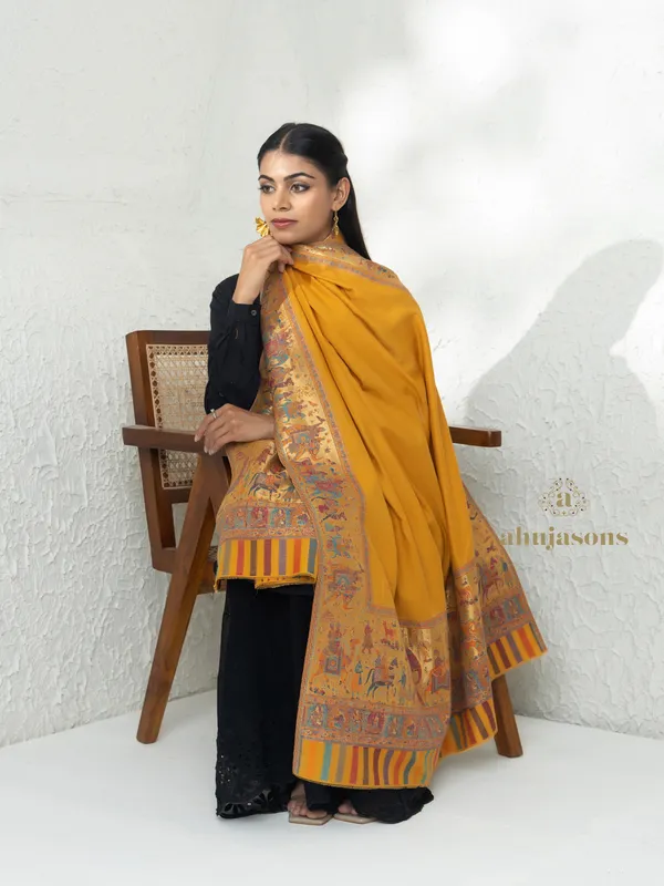 Mustard-Woollen Kani Weave Shawl with Beautiful Kani Zari Embroidery