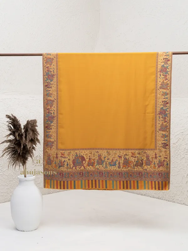Mustard-Woollen Kani Weave Shawl with Beautiful Kani Zari Embroidery