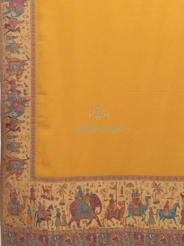Mustard-Woollen Kani Weave Shawl with Beautiful Kani Zari Embroidery