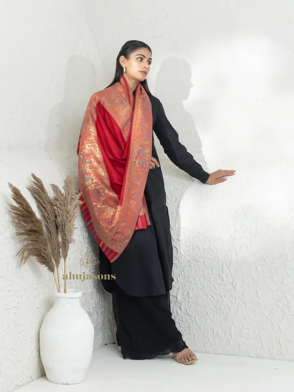 Red-Woollen Kani Weave Shawl with Beautiful Kani Zari Work