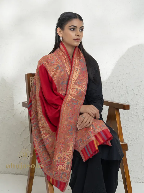 Red-Woollen Kani Weave Shawl with Beautiful Kani Zari Work
