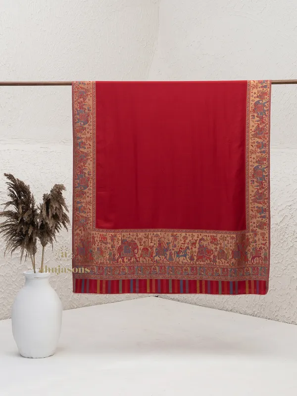Red-Woollen Kani Weave Shawl with Beautiful Kani Zari Work