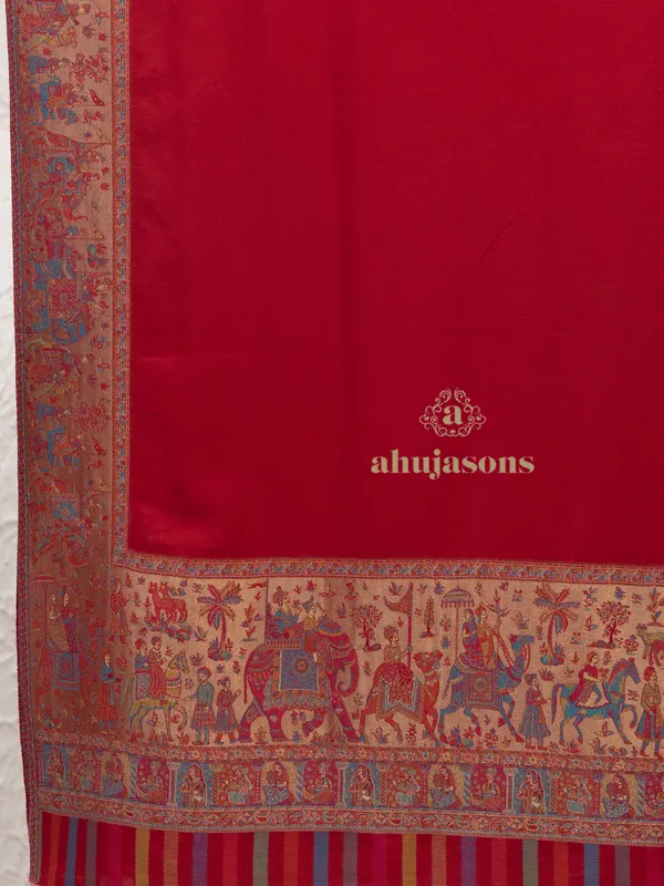Red-Woollen Kani Weave Shawl with Beautiful Kani Zari Work