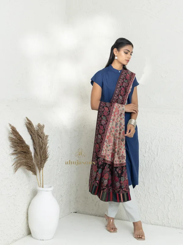 Black-Woollen Kani Weave Shawl with Traditional Kani Motifs