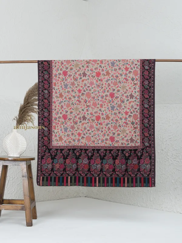 Black-Woollen Kani Weave Shawl with Traditional Kani Motifs