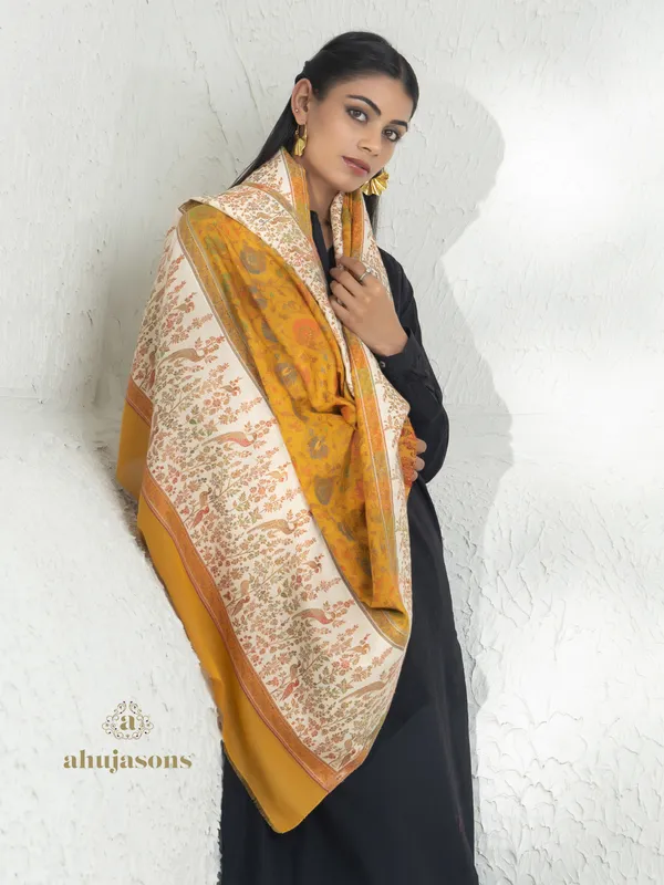 Mustard-Woollen Kani Weave Shawl Featuring Intricate Kani Zari