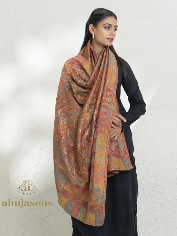 Multi-Color Woollen Kani Weave Shawl with Classic Kani Zari Embroidery
