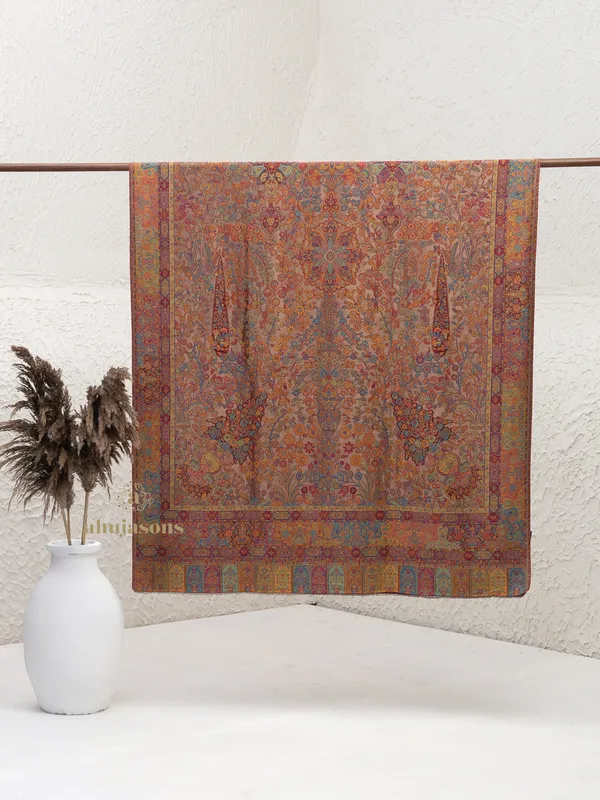 Multi-Color Woollen Kani Weave Shawl with Classic Kani Zari Embroidery