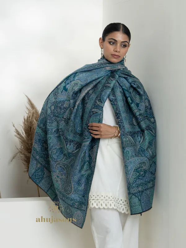 Blue-Woollen Kani Weave Shawl with Elegant Kani Design