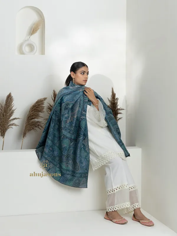 Blue-Woollen Kani Weave Shawl with Elegant Kani Design